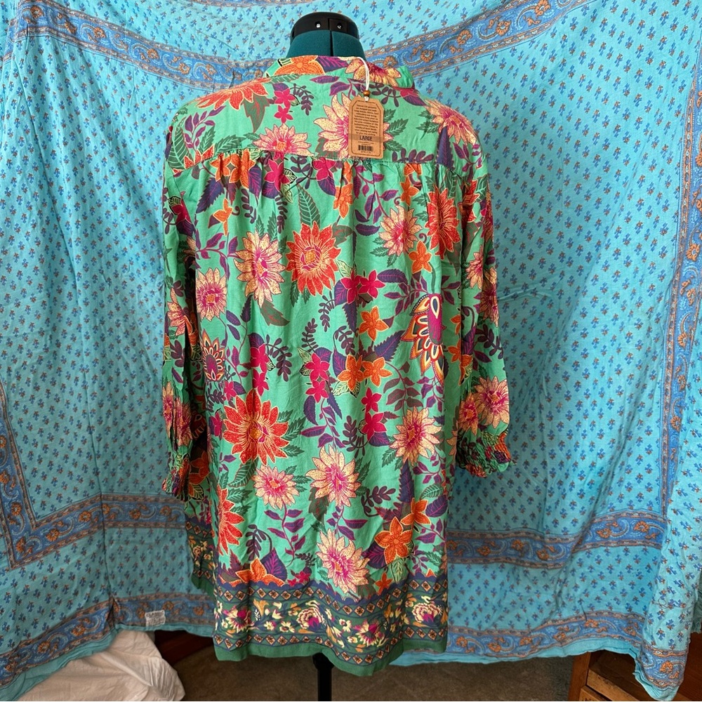 NATURAL LIFE green dress or tunic with Orange, Pink & Purple Floral Print - Picture 3 of 7